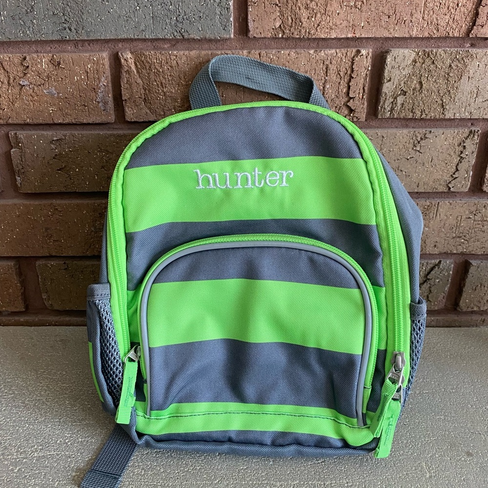Pottery Barn Kids “Hunter” Green and Gray Striped Small Backpack